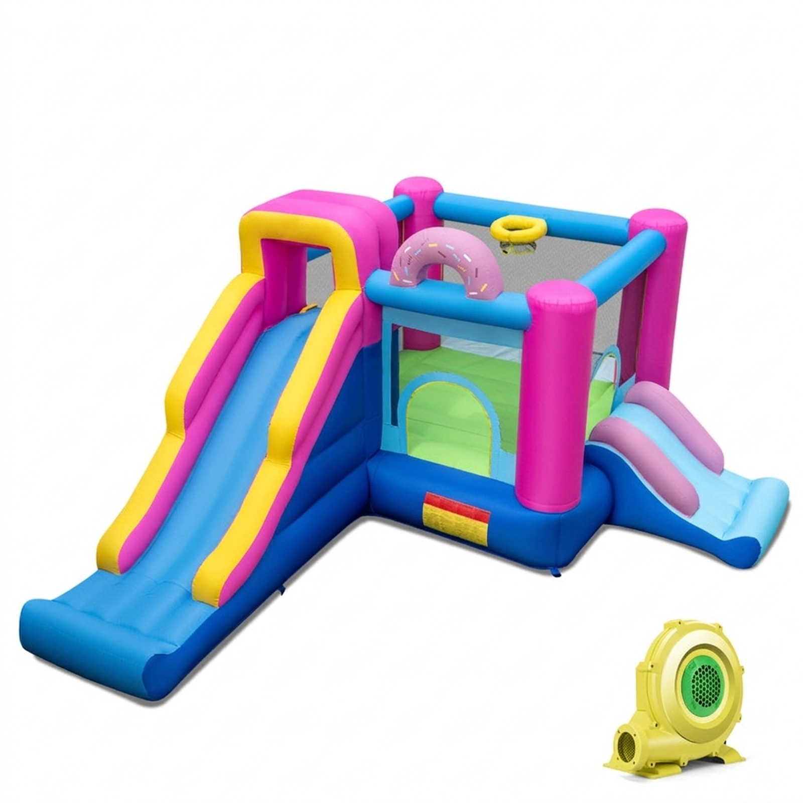 SUGIFT Sweet Doughnut Inflatable Bounce House with Slides and Basketball Hoop 200-lb Capacity Ages 3-12 Multi-color