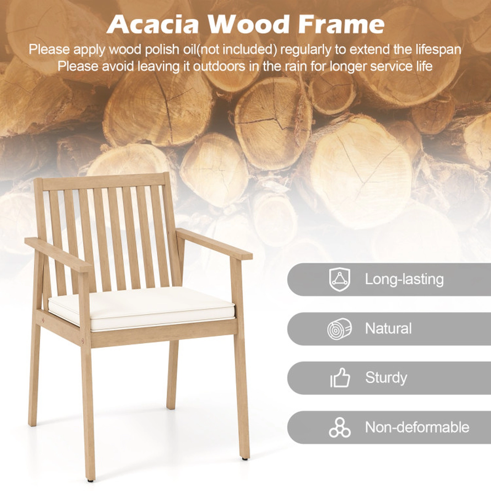 SUGIFT Set of 2 Natural Acacia Wood Outdoor Patio Dining Armchairs with Removable Padded Cushions