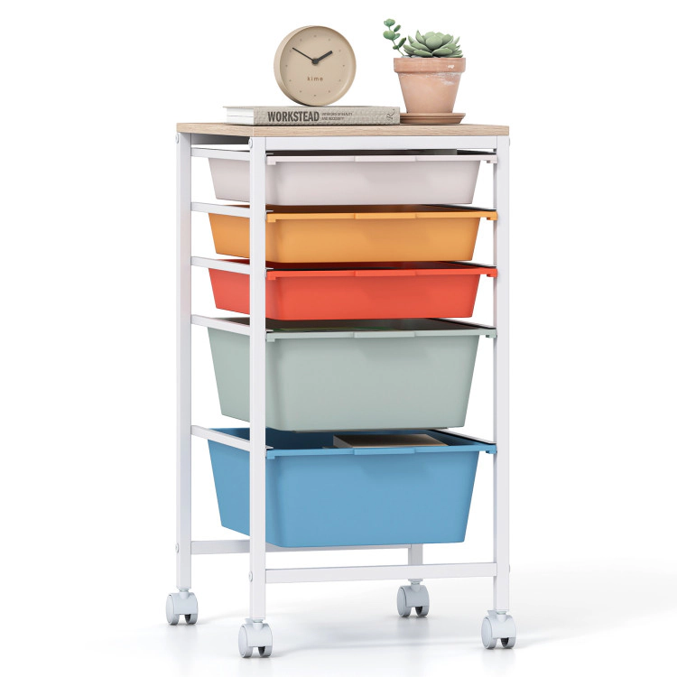 Hivvago 5-Drawer Rolling Storage Cart Mobile Utility Organizer with Wooden Tabletop and Lockable Wheels