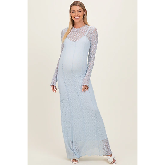 PinkBlush Womens Lace Mock Neck Long Sleeve Maternity Maxi Dress