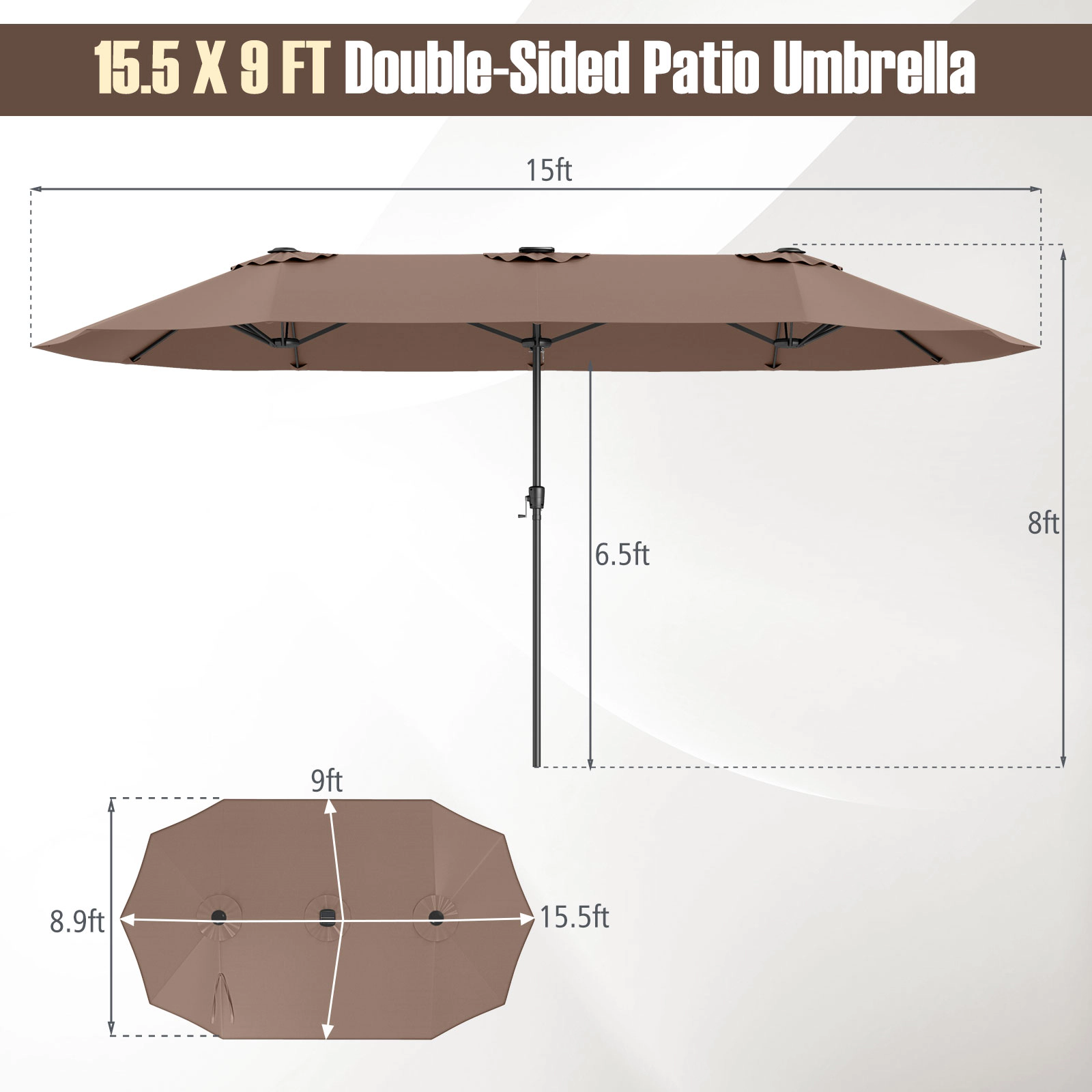SUGIFT 15.5-ft Double-Sided Patio Umbrella with LED Solar Lights and Crank Handle Brown