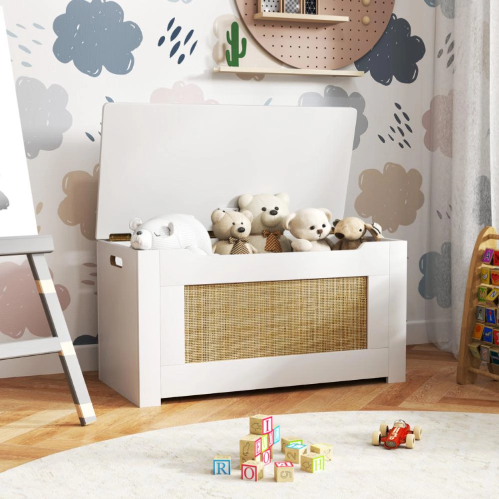 Hivvago Kids Rattan Toy Storage Box with Flip Top Lid and Safety Hinge Handles-White