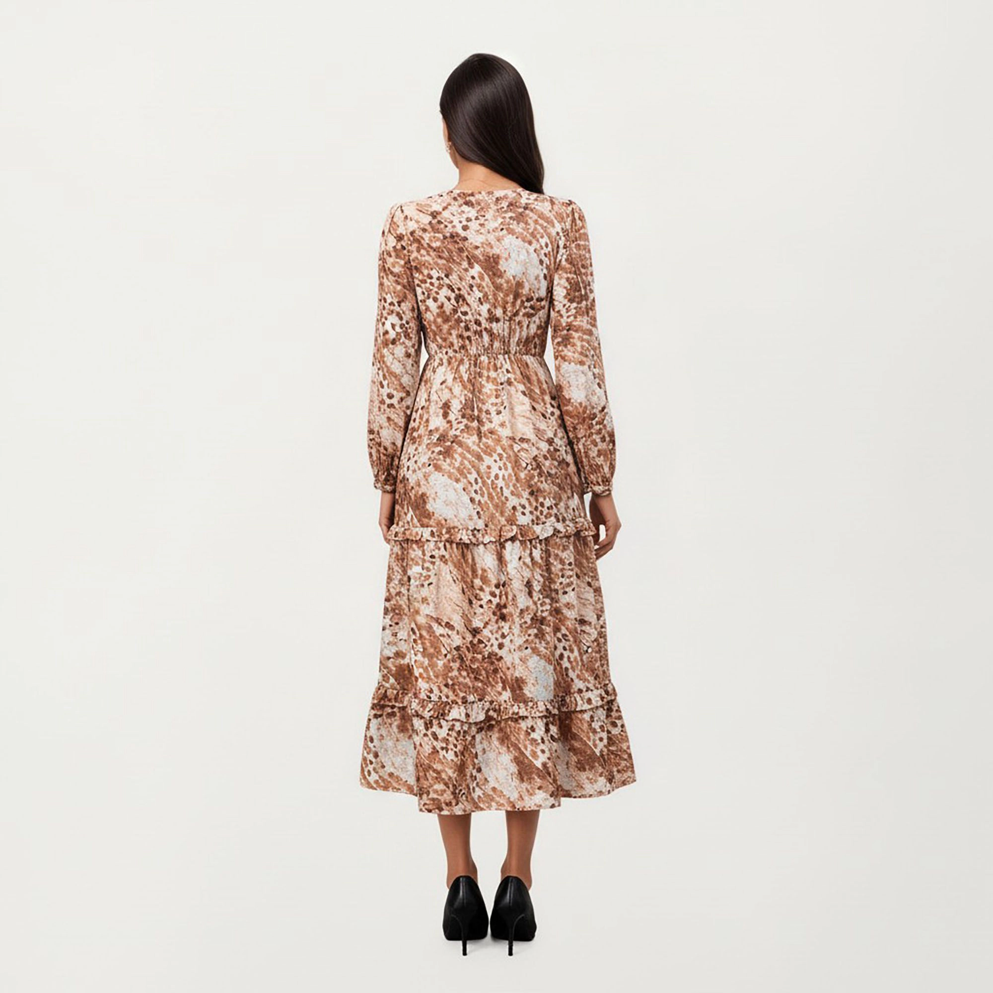 Anna-Kaci Women's Brown Animal Print Long Sleeve V Neck Tiered Dress