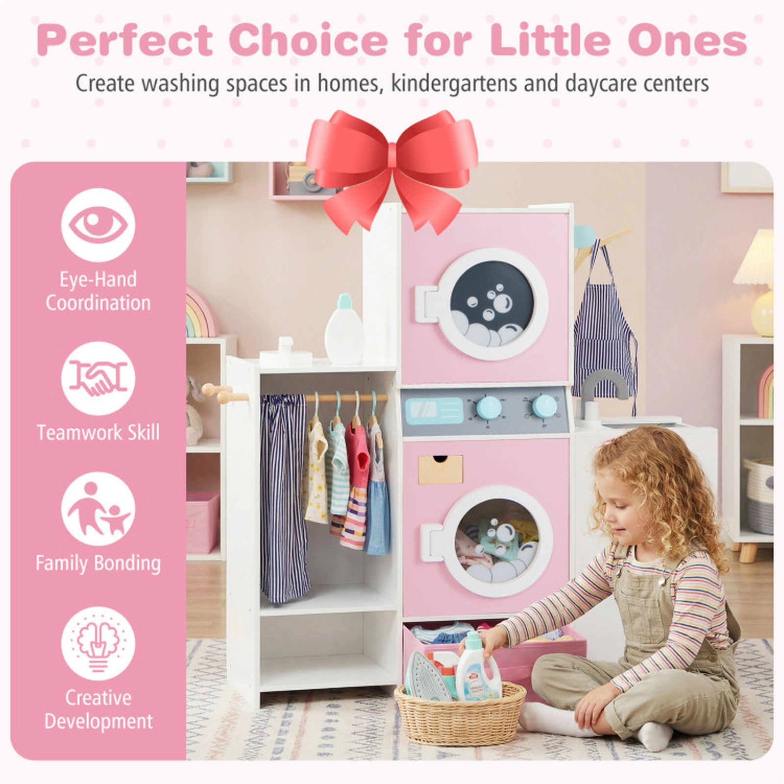 SUGIFT Wooden Kids Laundry Playset with Ironing Board Washer Dryer Sink Ages 3+ Pink