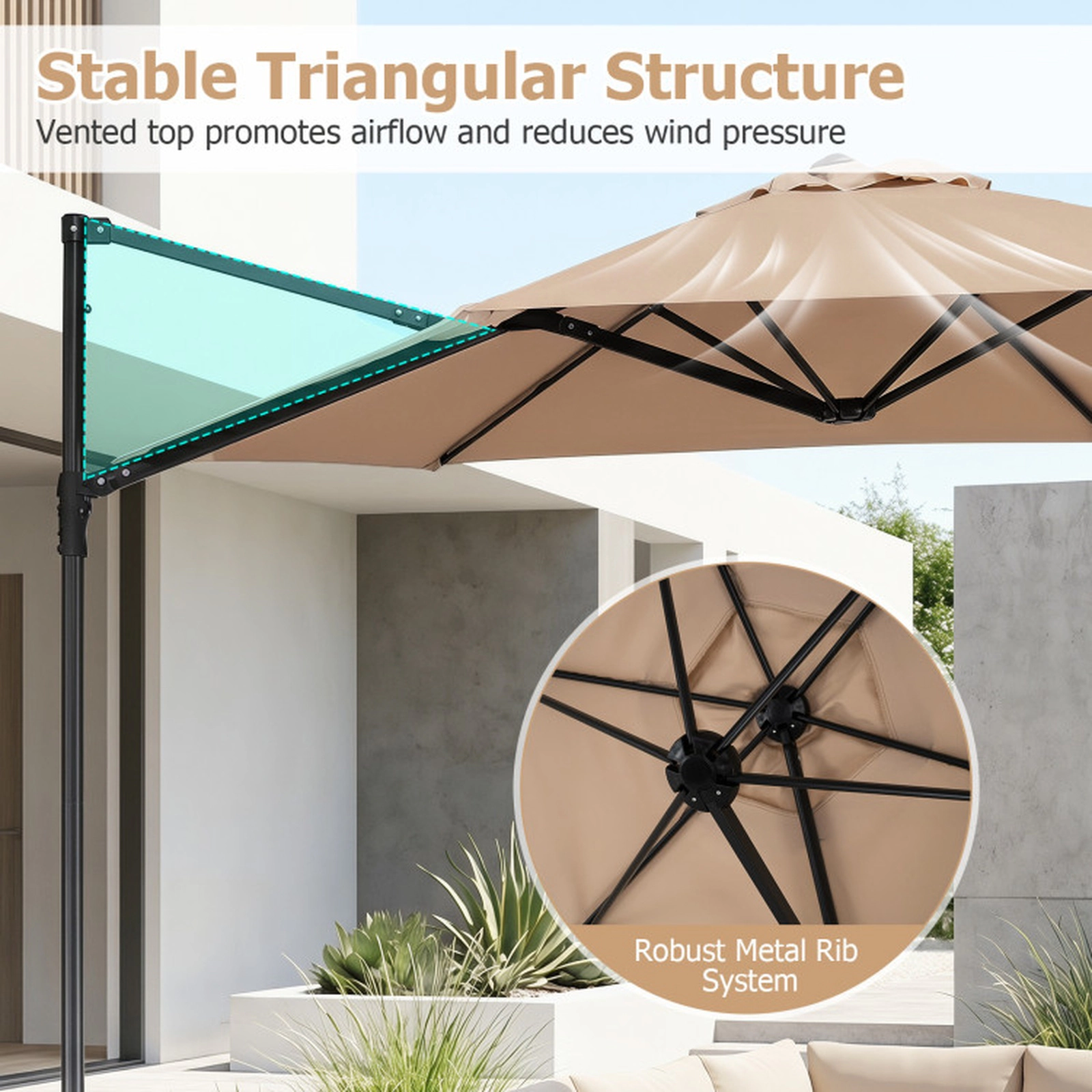 SUGIFT 10-ft Tan Offset Cantilever Patio Umbrella with 360-Degree Rotation Twist-In Pole and Vented Top