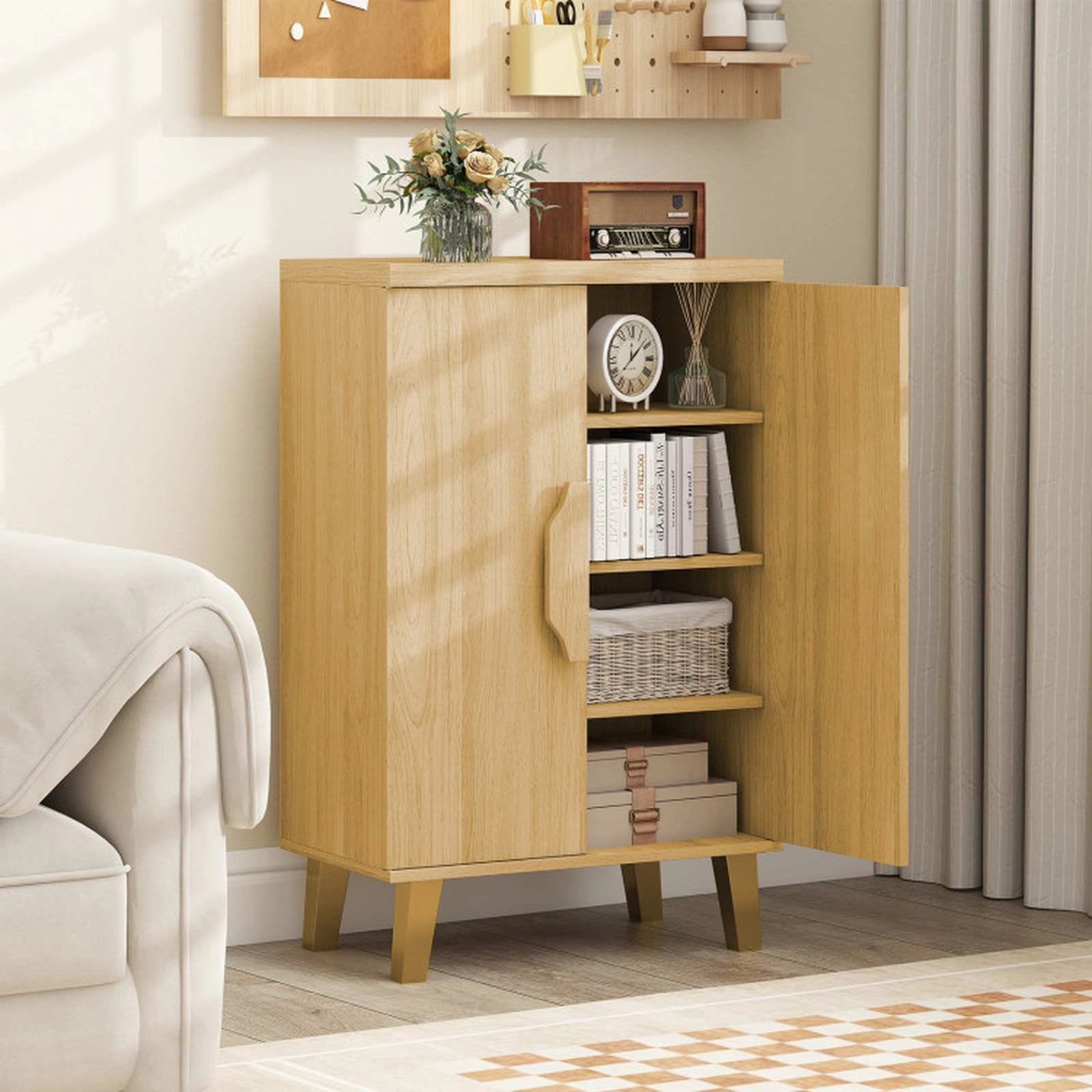 SUGIFT 23.5-in 45-lb Shelf 37.5-in Tall Natural Buffet Cabinet with Double Doors Removable Shelves and Raised Legs
