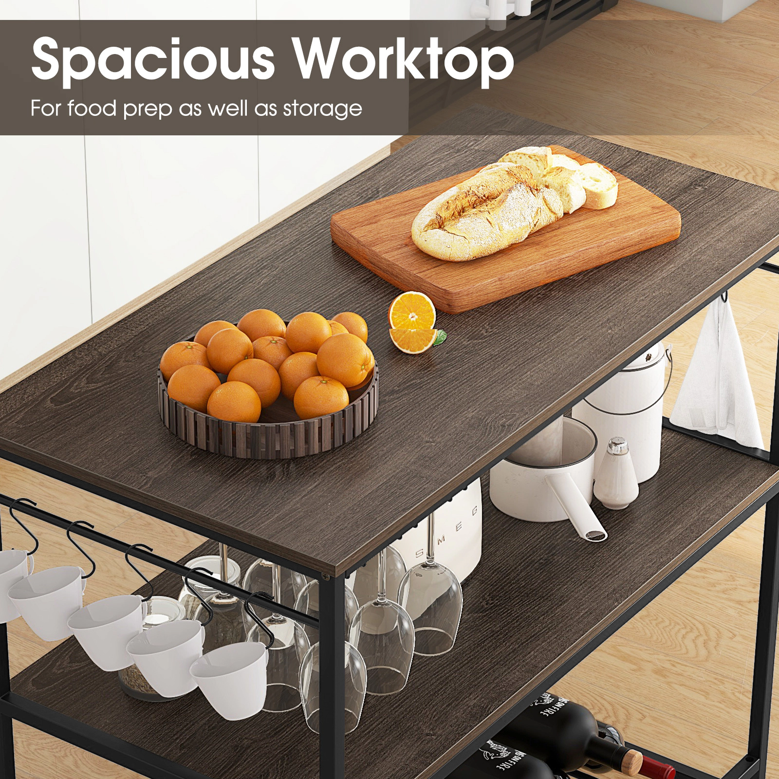 SUGIFT Kitchen Island with 3 Shelves Wine Glass Holders and 10 Hooks 165-lb Top Capacity Gray + Black