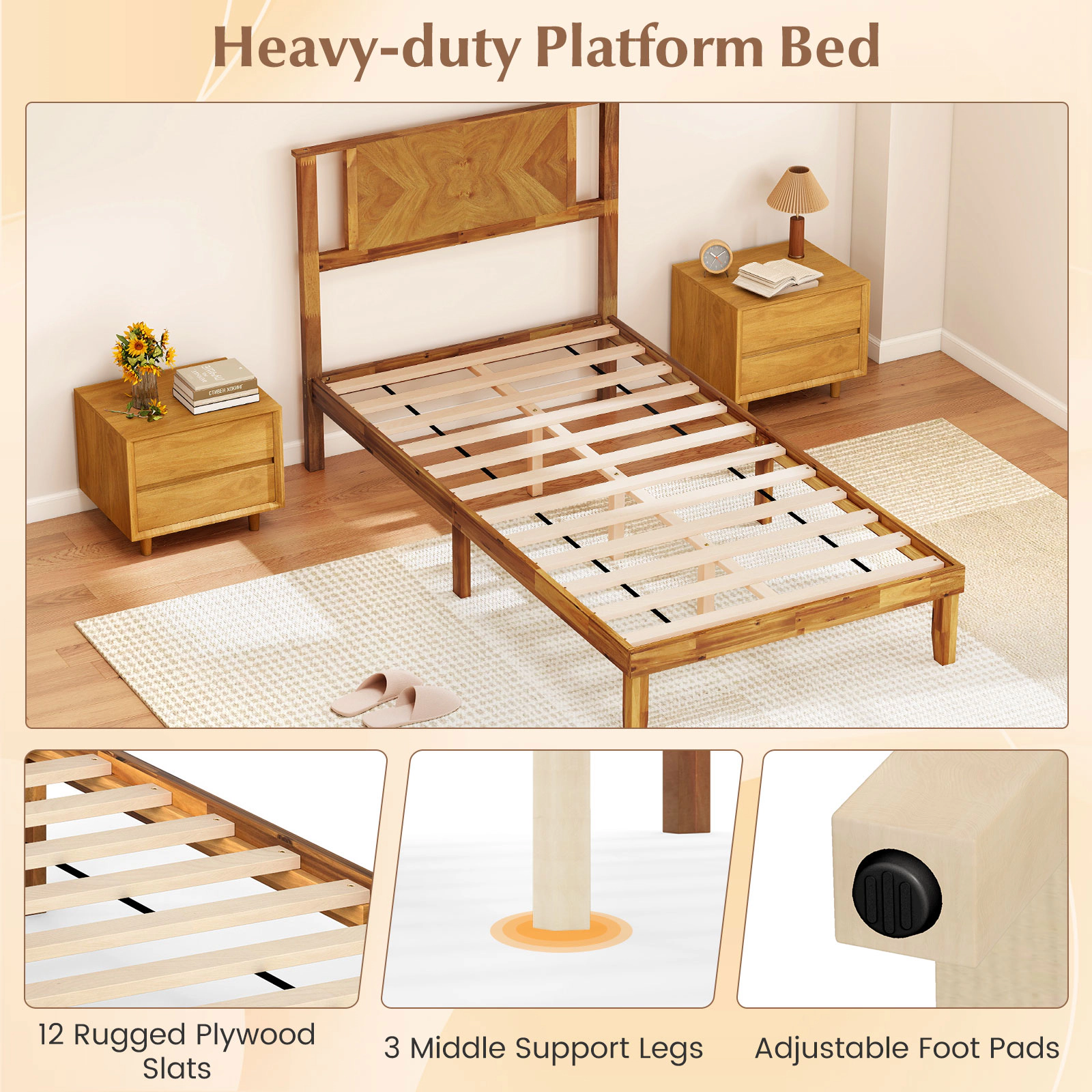SUGIFT Twin Acacia Wood Platform Bed Frame with Mid-Century Headboard