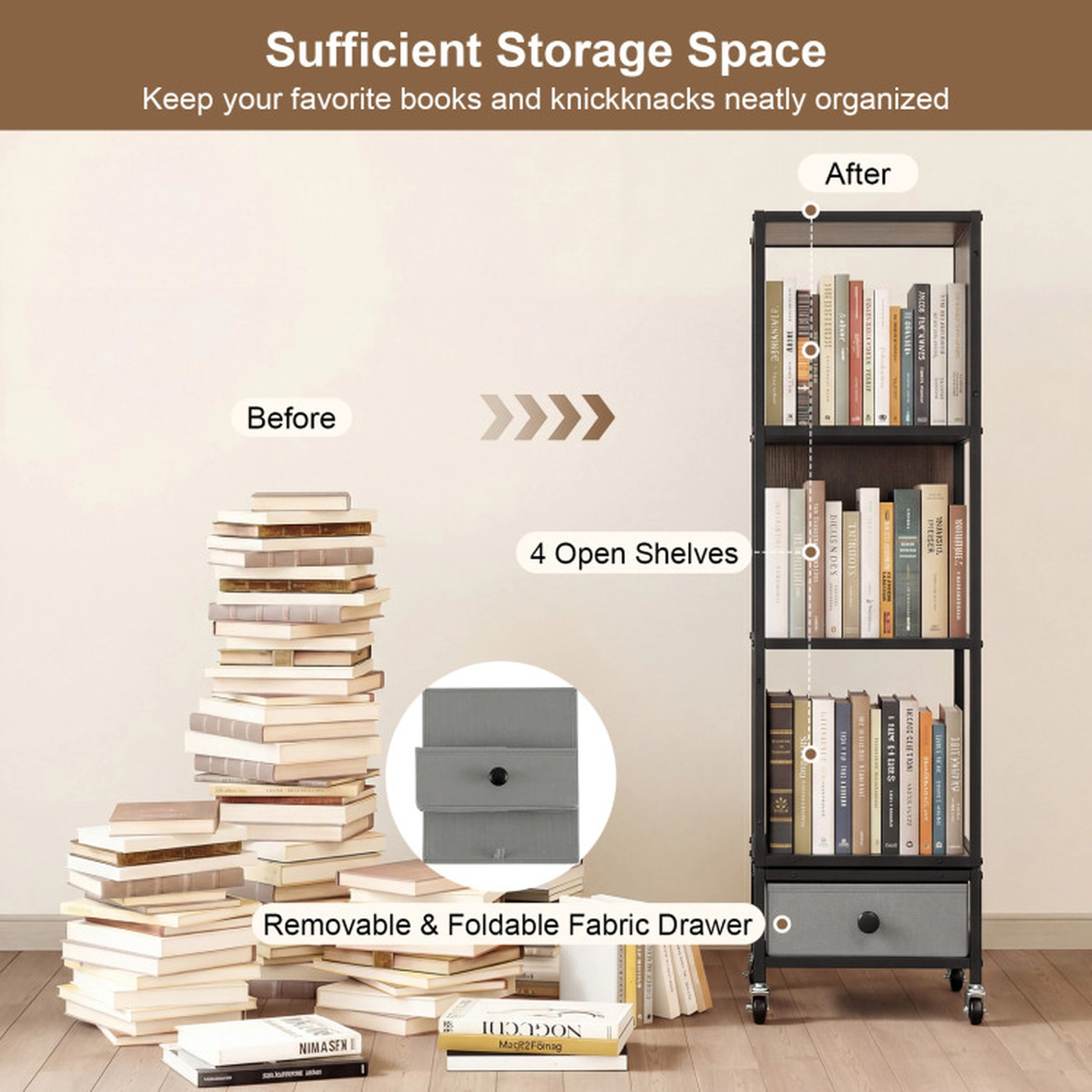 SUGIFT 4-Tier Rotating Bookshelf on Wheels with Removable Drawer 44-lb Shelf Capacity Gray Black White