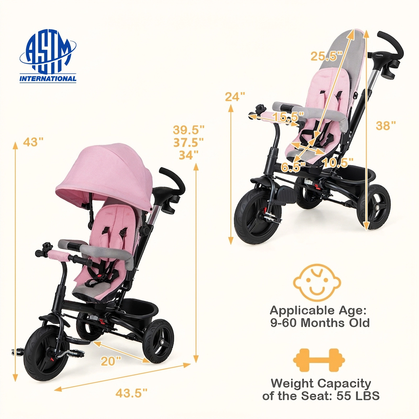 SUGIFT Toddler Pink 4-in-1 Tricycle with Reversible Seat and 5-Point Harness 30-in W 38-in H 55-lb Seat Capacity