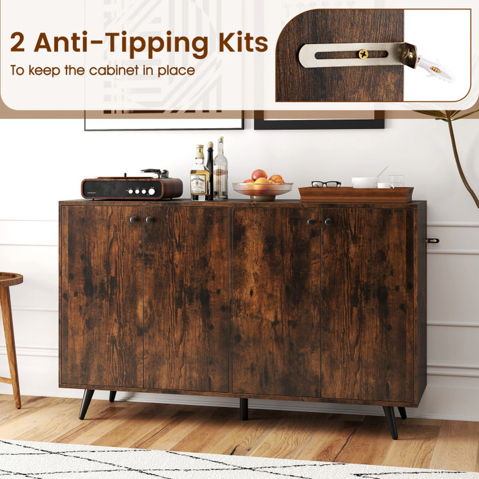 SUGIFT 4-Door Adjustable Shelves Mid Century Buffet Sideboard 50-in x 15-in x 31.5-in 90-lb Capacity Rustic Brown