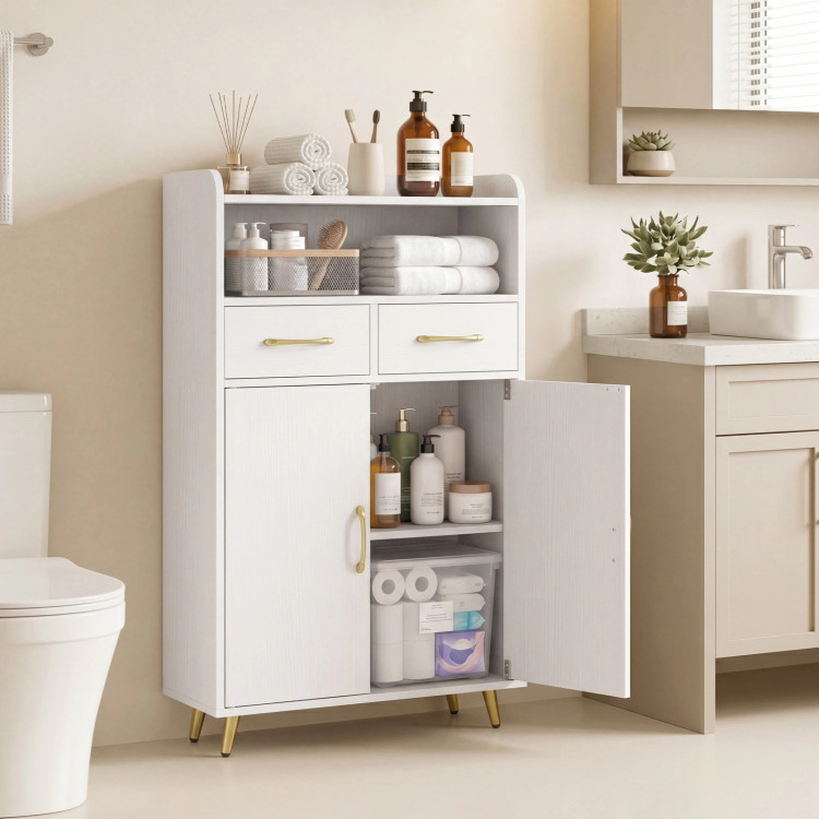 SUGIFT White 44-lb Countertop Freestanding Bathroom Floor Storage Cabinet with 2 Drawers 2 Doors and Adjustable Shelf