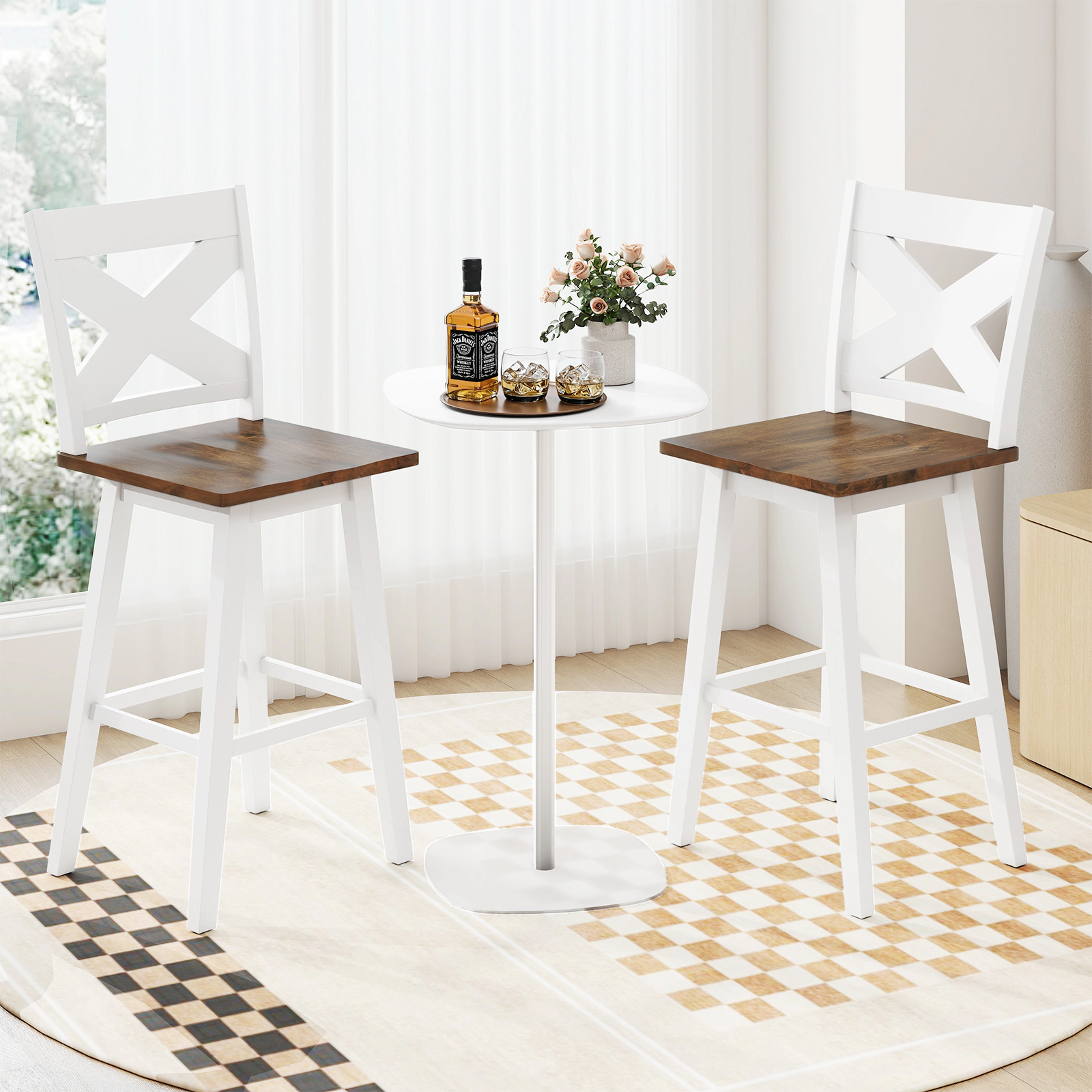 SUGIFT Rubberwood Swivel Bar Stools with Backrest & Large Seat 350-lb Capacity 29-in Seat Height White + Walnut Set of 2