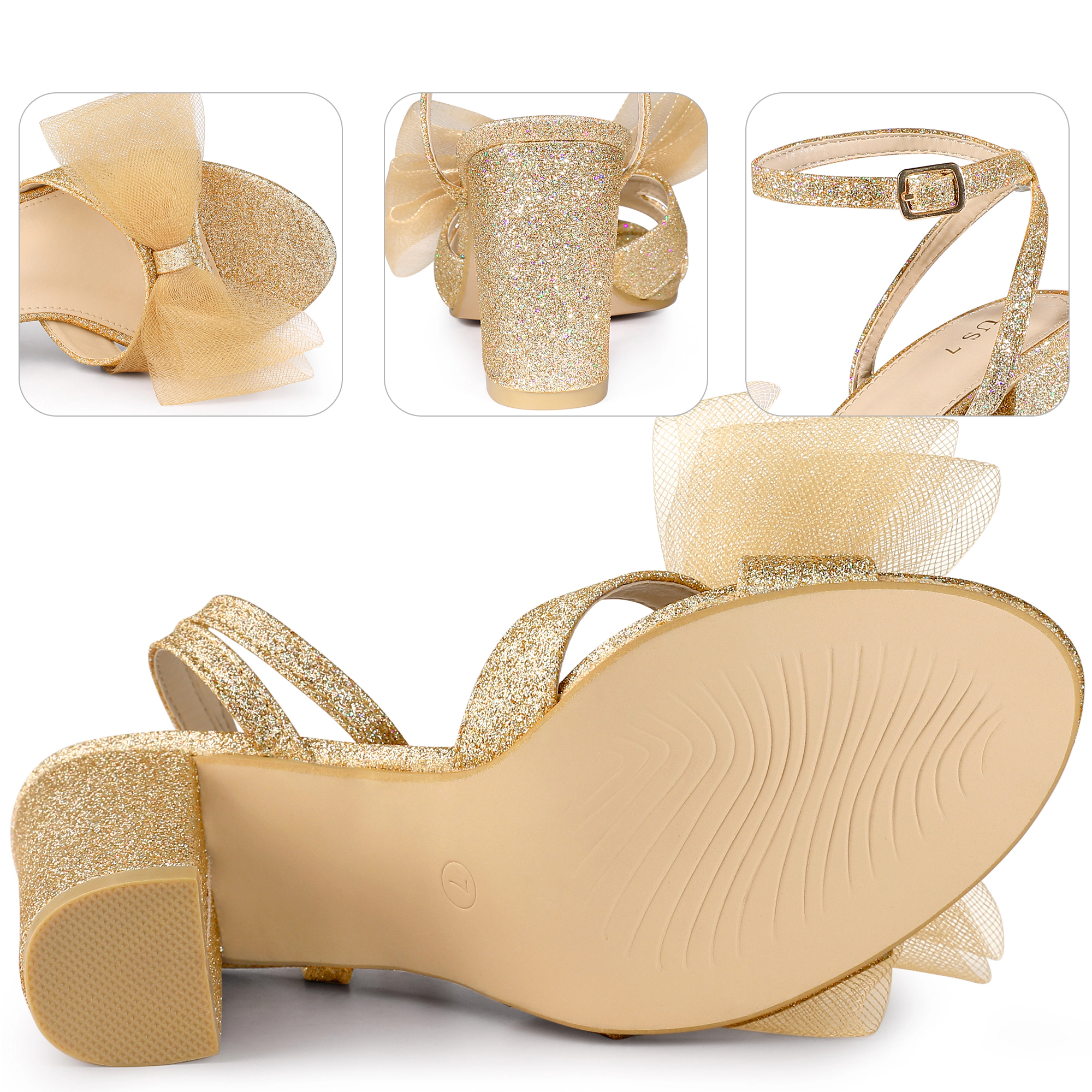 BLISSFUL STEP Womens Mesh Glitter Bow Chunky Heel Party Wedding Sandals