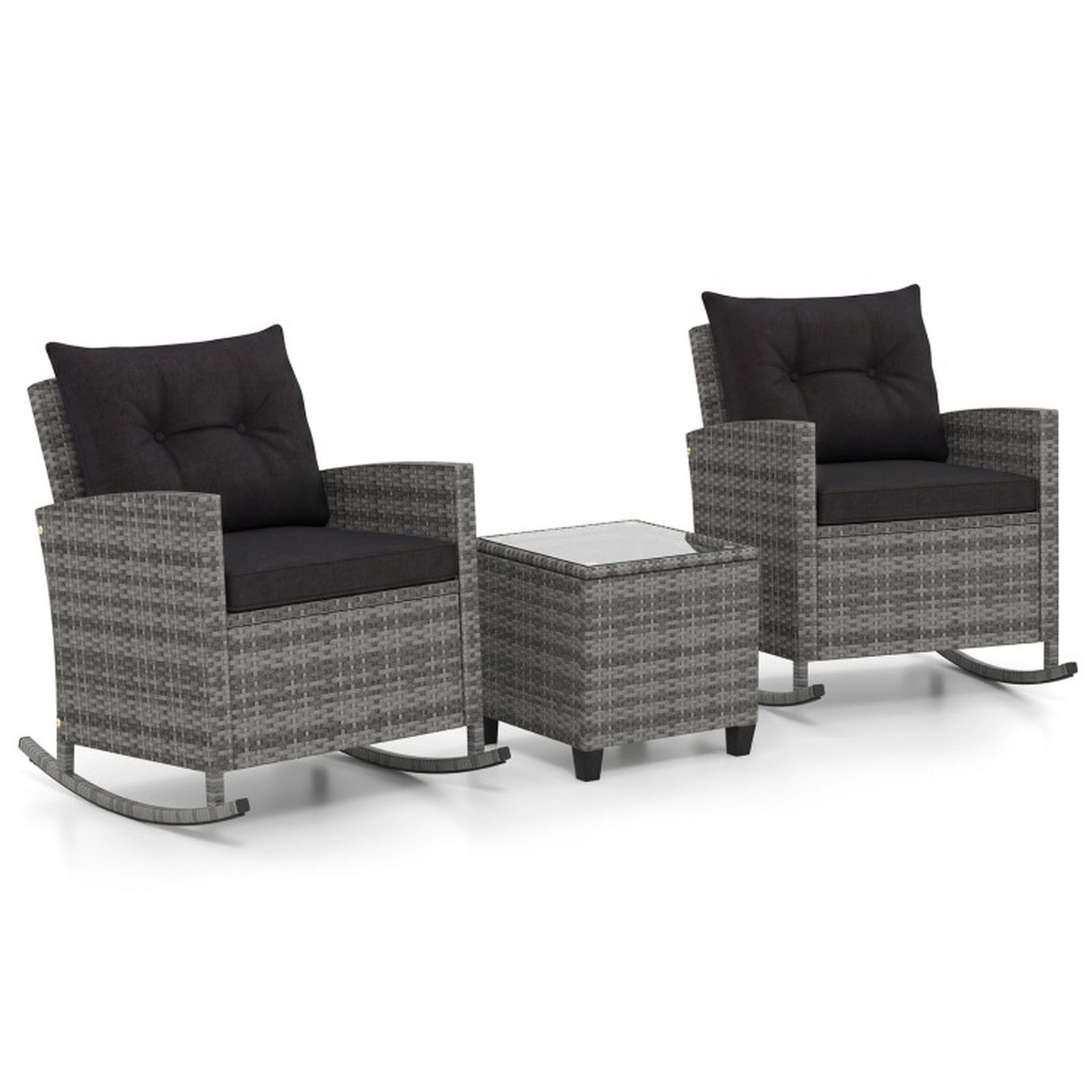 SUGIFT 3-Piece Patio Rattan Rocker Conversation Set with Tempered Glass Table 400-lb Capacity Mix Gray-Black