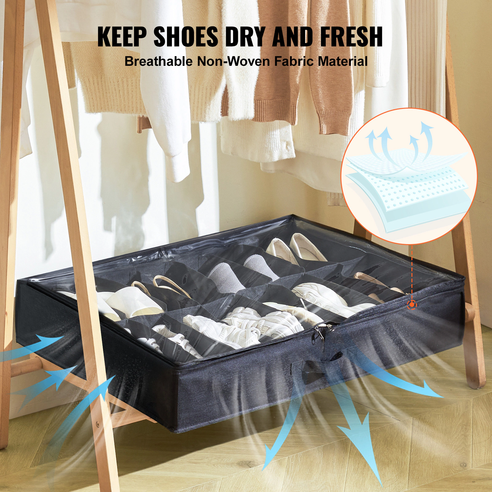 HONGGE Under Bed Shoe Storage Organizer with Clear Window and Reinforced Handles