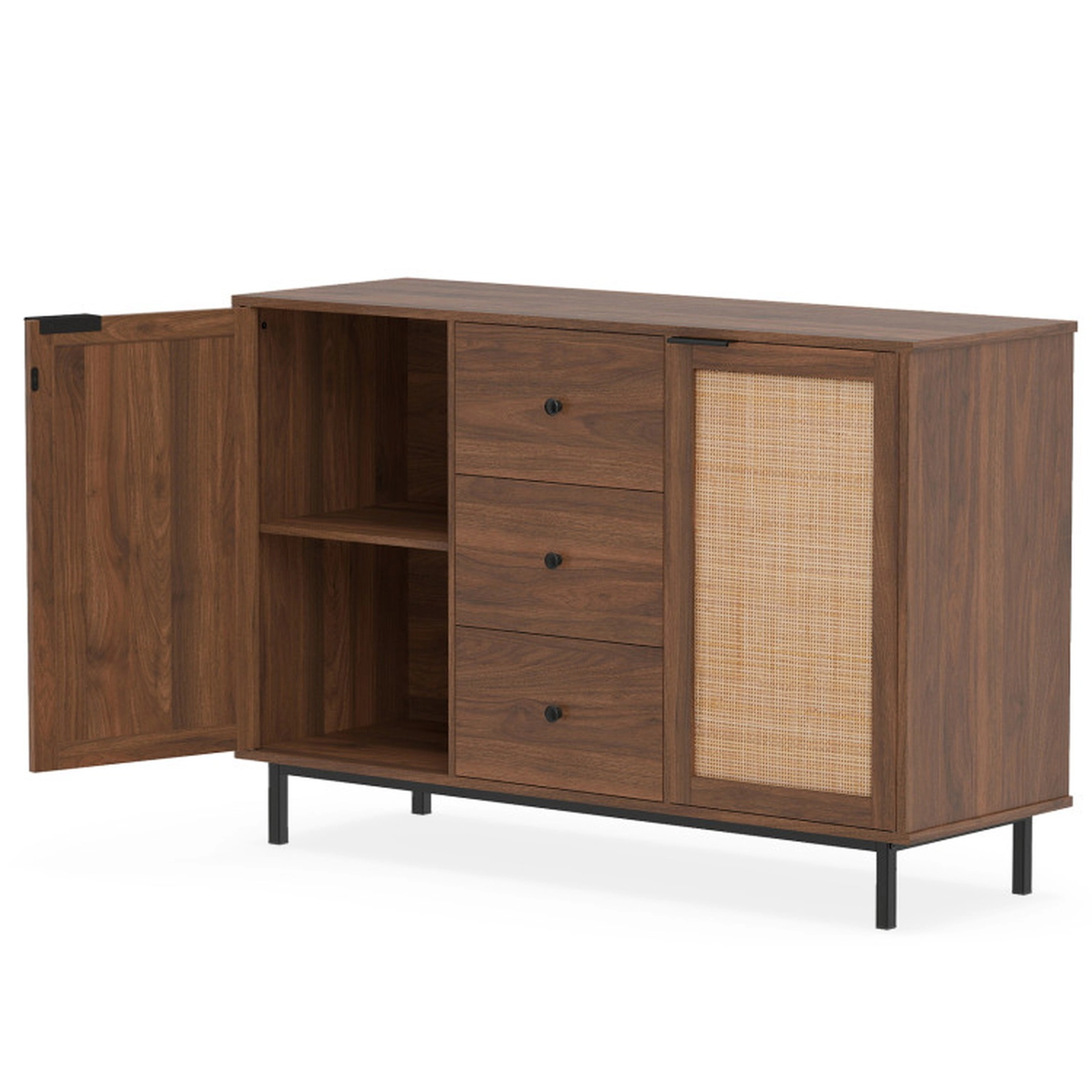 SUGIFT 3-Drawer 2 Rattan Doors Farmhouse Buffet Sideboard Cabinet 47.5-in x 16-in x 31.5-in 110-lb Capacity Brown