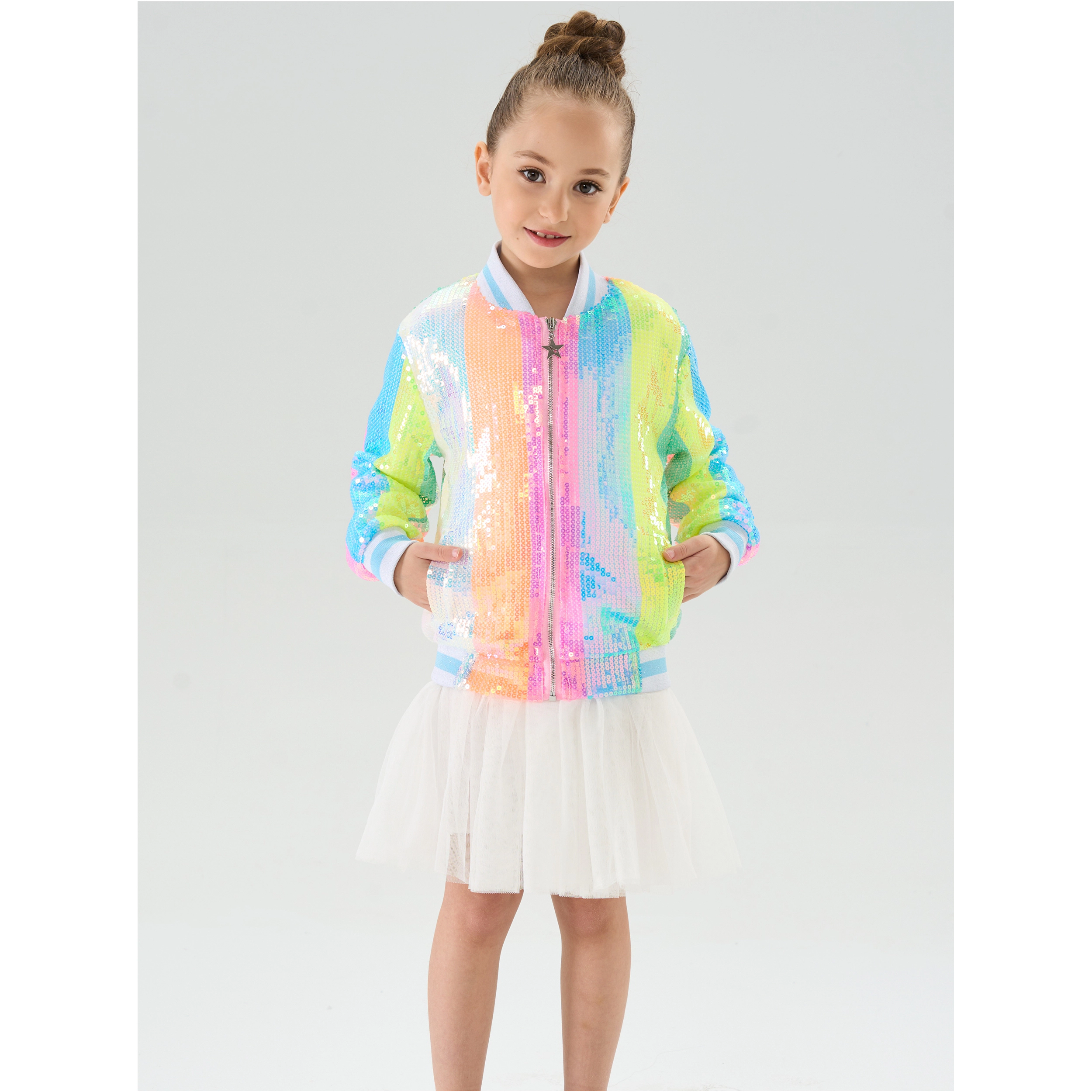 2Bunnies Girls’ Neon Pastel Stripe Sequin Bomber Jacket