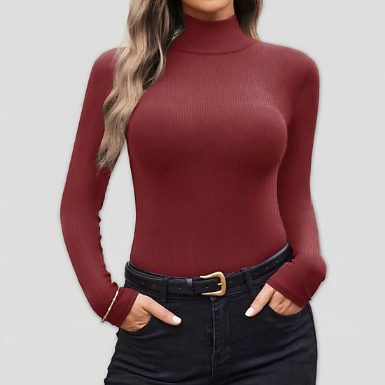Ekouaer Womens Turtleneck Shirt Long Sleeve Layer Tops Ribbed Tees Stretch Undershirts Blouse