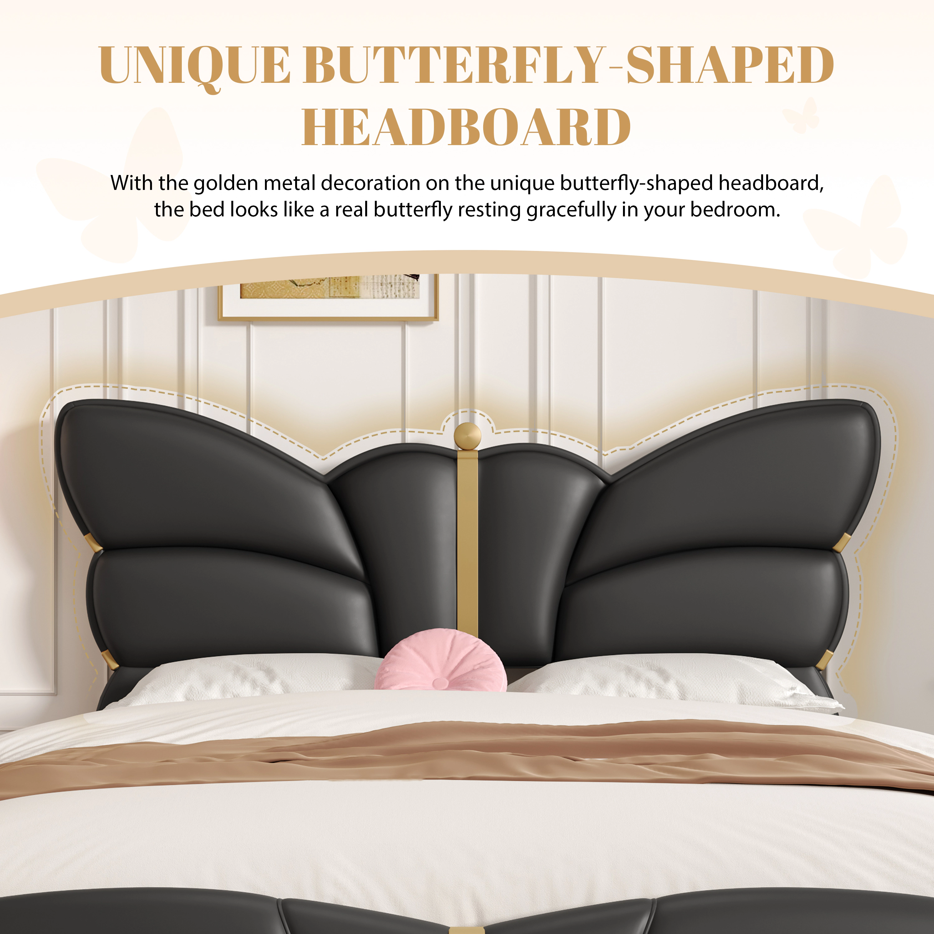 Flynama Full PU Leather Bed with Butterfly Headboard & Gold Decor, Black