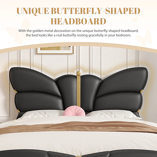 Flynama Full PU Leather Bed with Butterfly Headboard & Gold Decor, Black