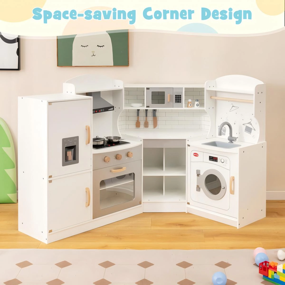 SUGIFT White Washing Machine Ice Maker and Towel Rack Corner Kids Play Kitchen