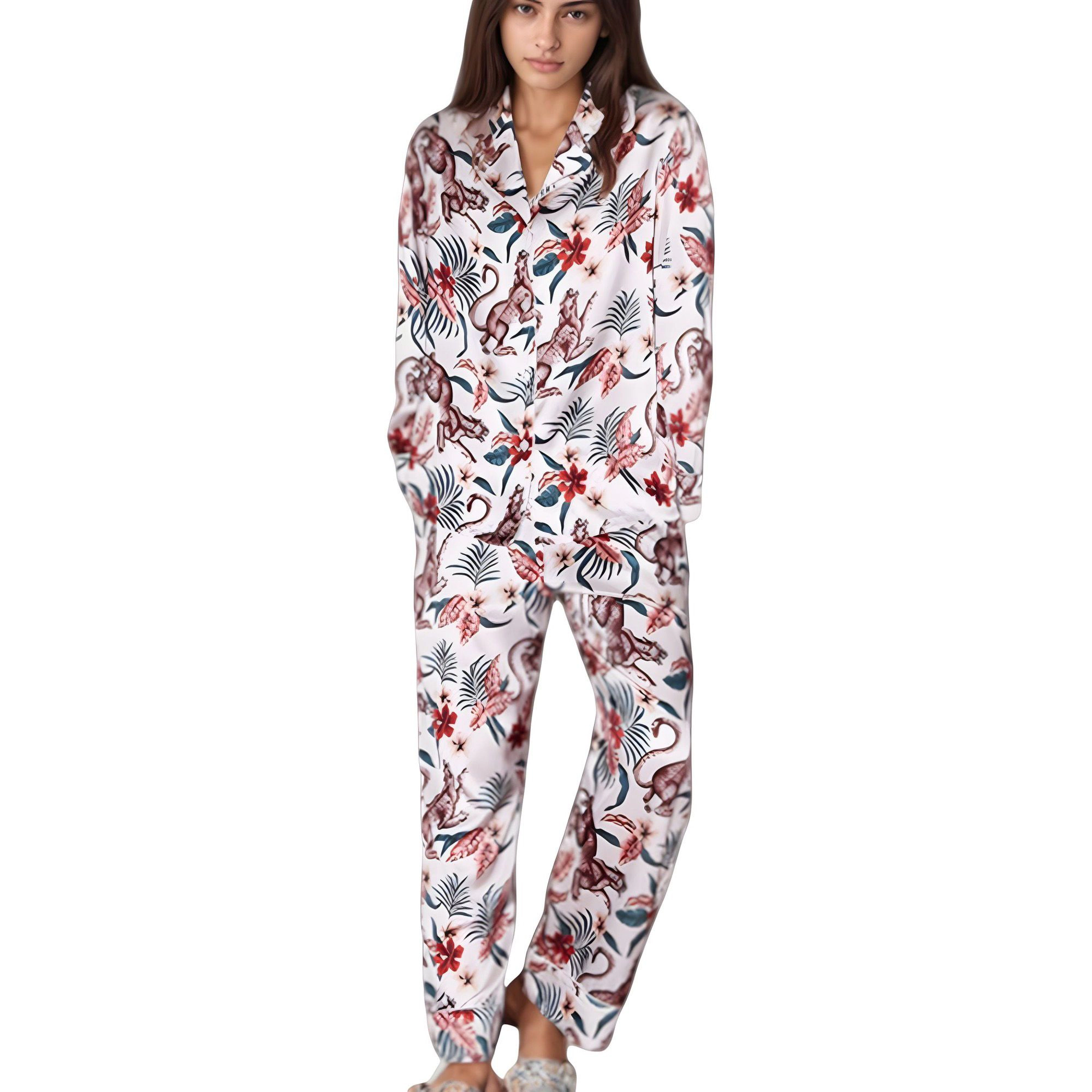 Anna-Kaci Women's Jungle Animal and Floral Pajama Set Long Sleeve Notch Collar Button Down Top Relaxed Woven Pants