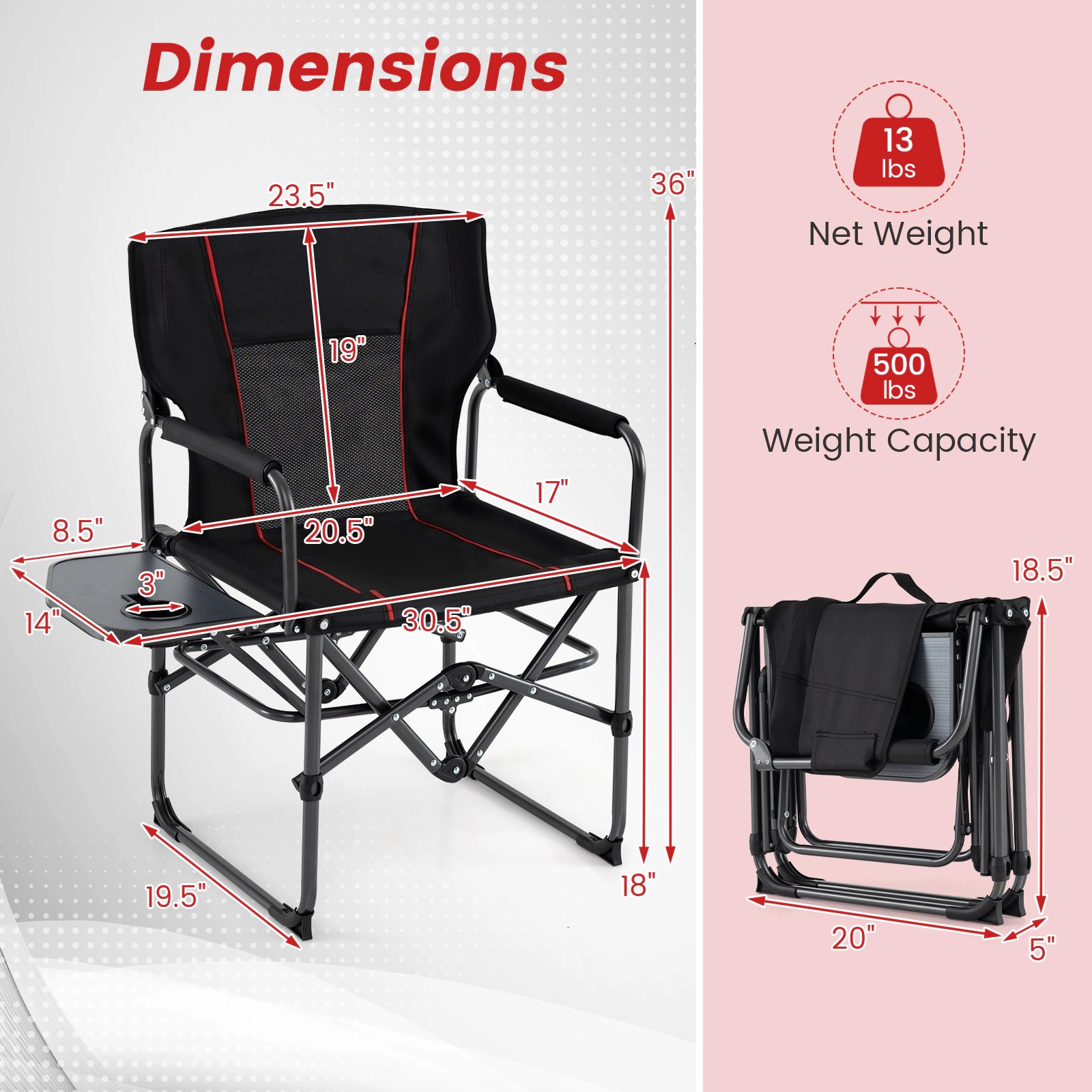 SUGIFT 500-lb Capacity Padded Folding Camping Chair with 25-lb Side Table Mesh Back and 3-in Cup Holder