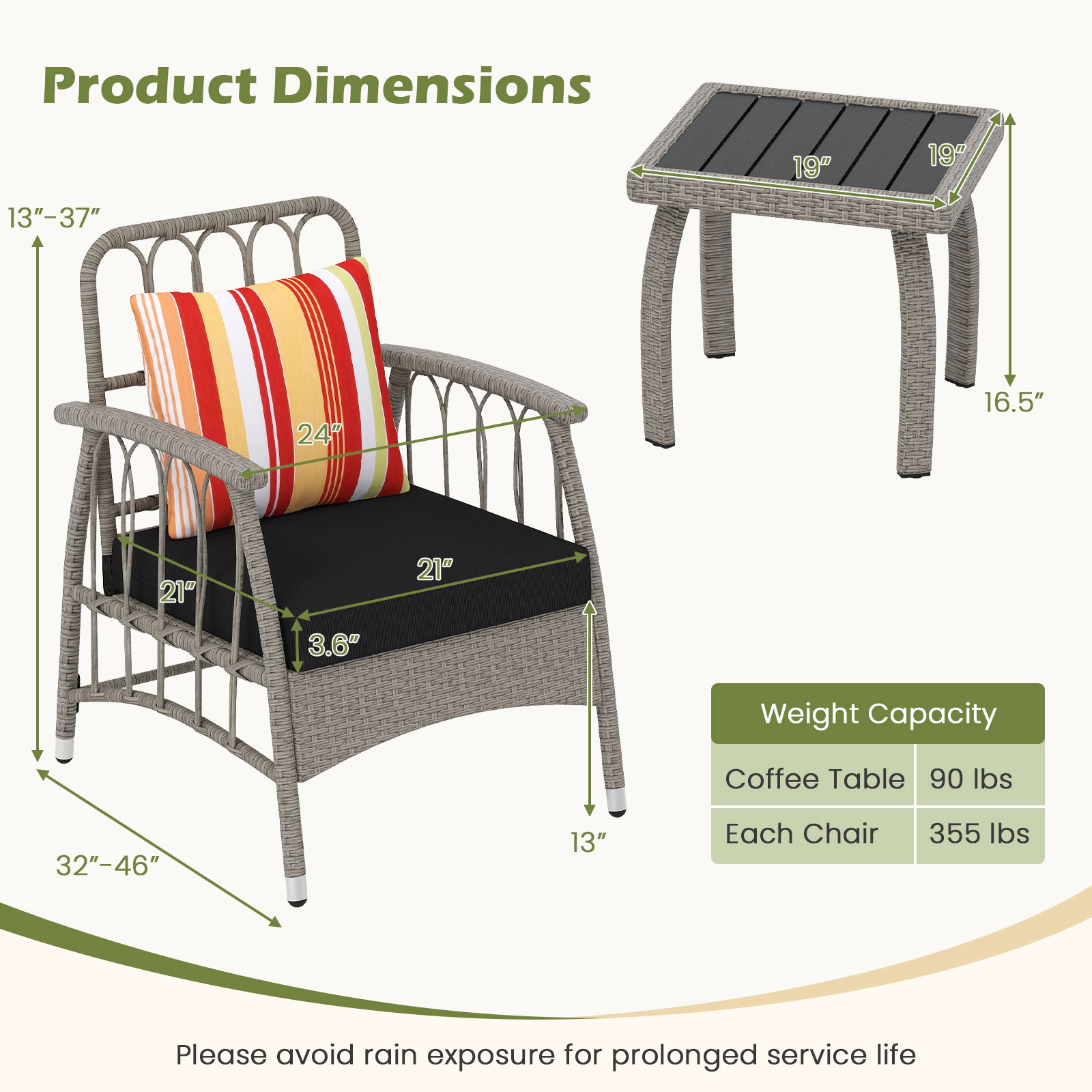 SUGIFT 5-Level Adjustable Backrest Chairs 3-Piece Gray Patio PE Wicker Set