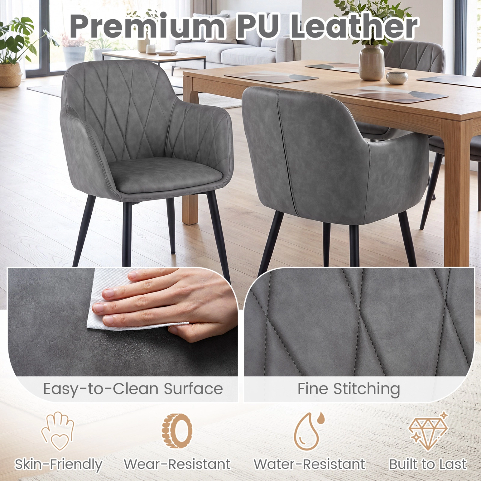 SUGIFT Set of 2 Gray PU Leather Dining Armchairs with Curved Back and Metal Legs