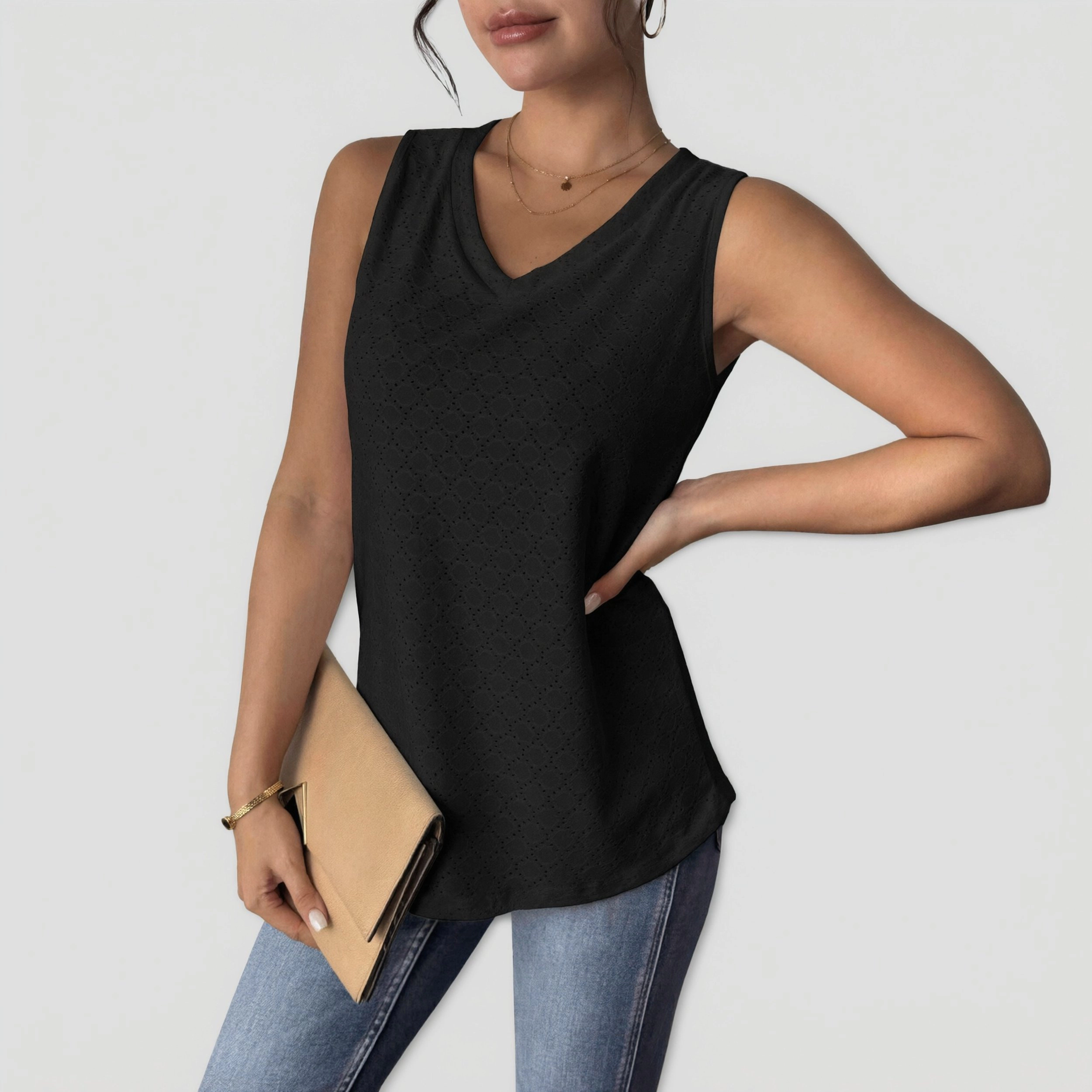 Zeagoo Women's Eyelet V Neck Sleeveless Loose Fit Camisole Tank Top
