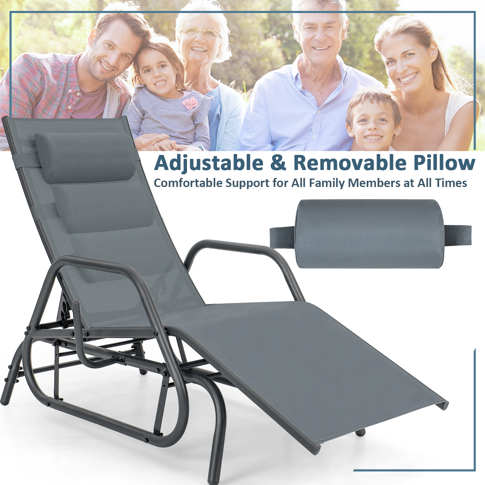 SUGIFT Armrests and Adjustable Pillow 350-lb Outdoor Glider Chaise Lounge Chair