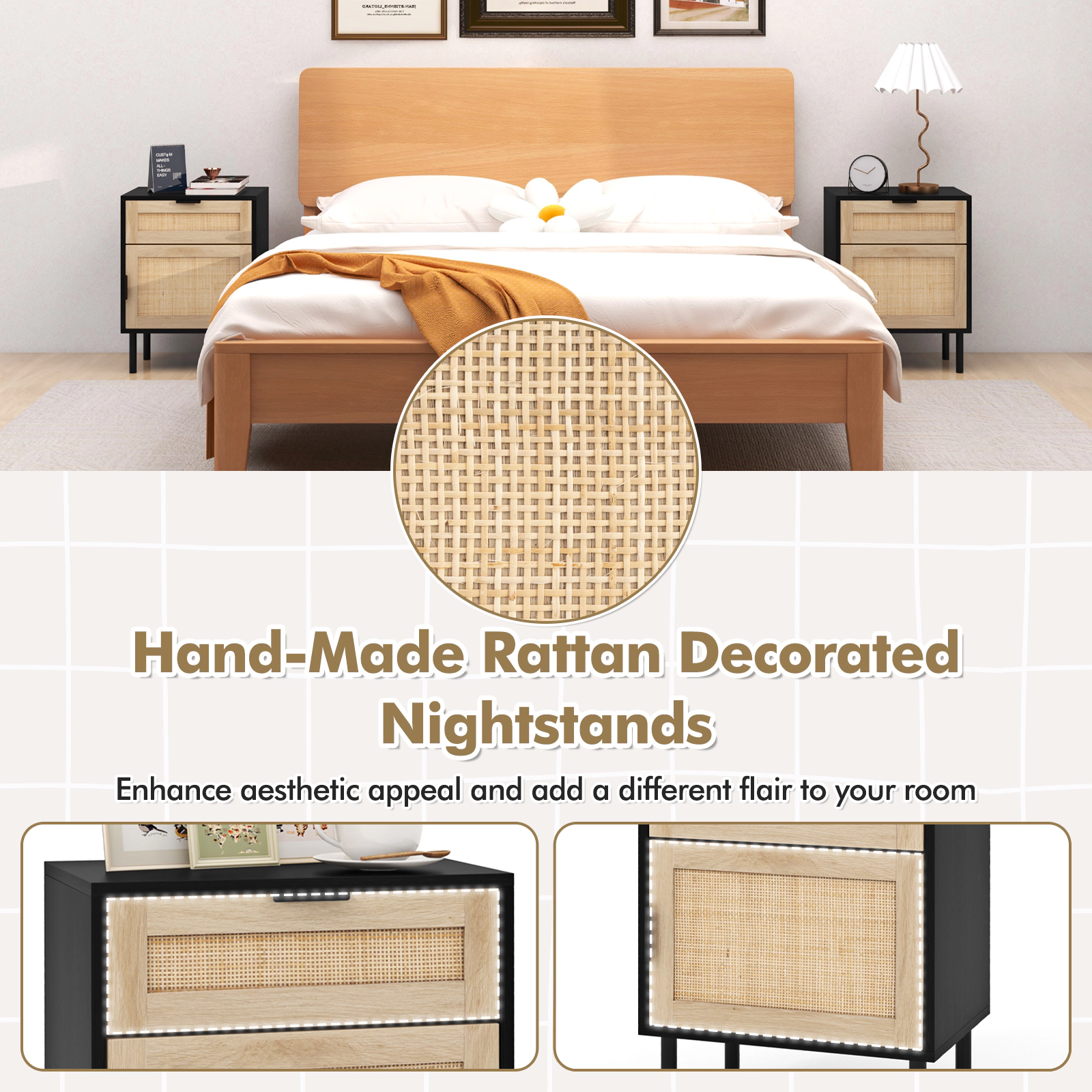 Glintex 2-Piece Rattan Nightstand Set with Soft-Close Hinge Cabinet and Anti-Toppling Kit, Natural