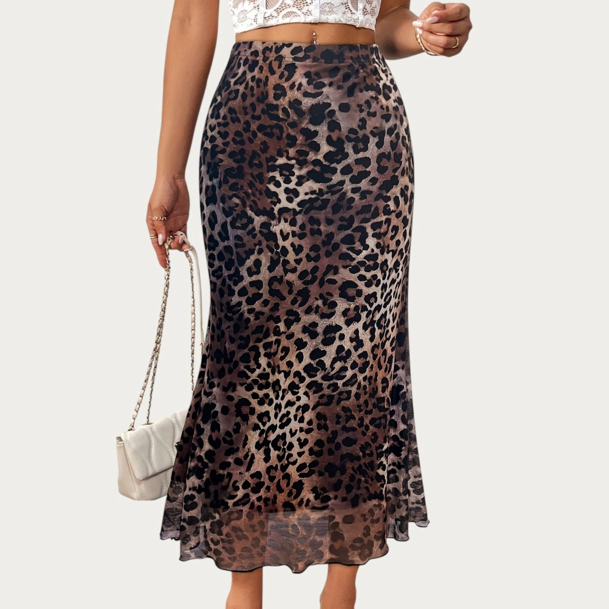 Anna-Kaci Womens Leopard Print Satin A-Line Midi Skirt