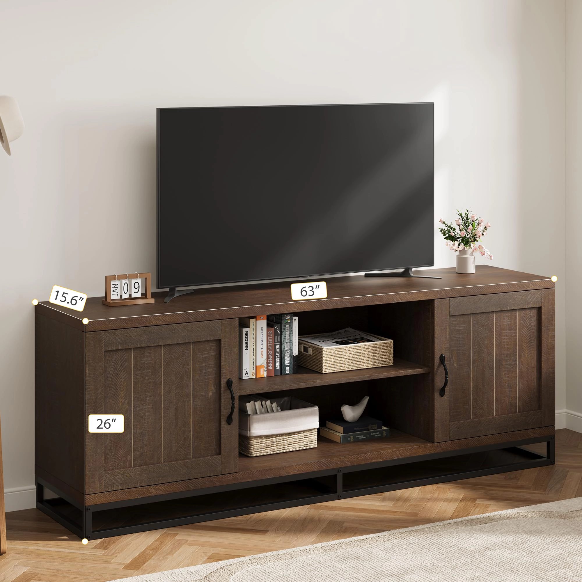 BebreezChic Farmhouse TV Stand for 75inch, Grey Entertainment Center with Sturdy Metal Leg & Adjustable Shelves