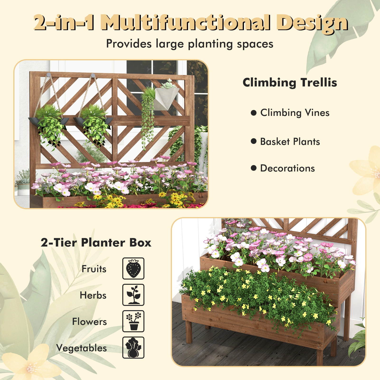 SlickBlue Brown 2 Tier Raised Garden Bed with Trellis for Outdoor Plants