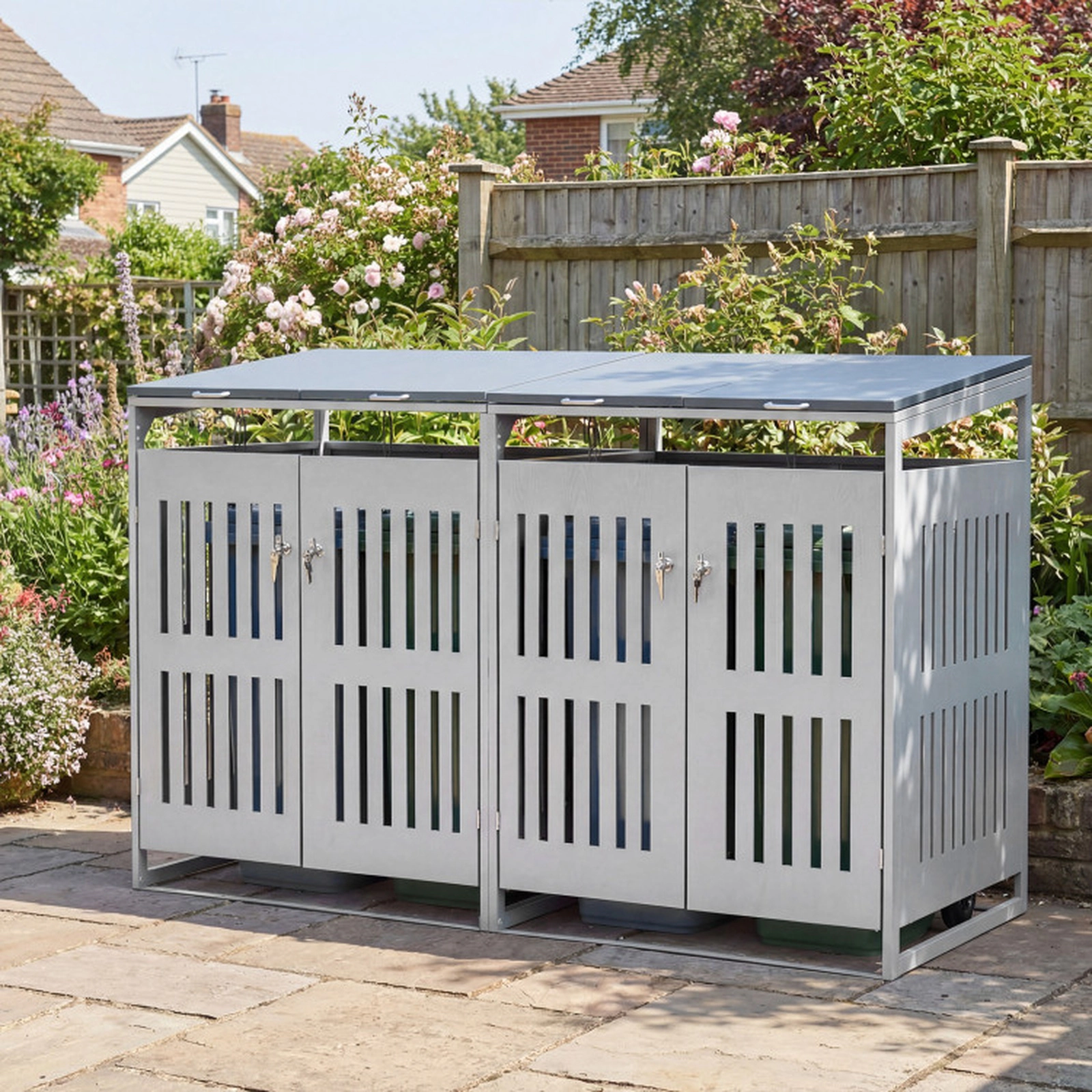 SUGIFT 2-Bin Gas Struts Lockable Metal Outdoor Trash Can Storage Shed 52-in x 32-in x 49.5-in 44-Cu-Ft Silver