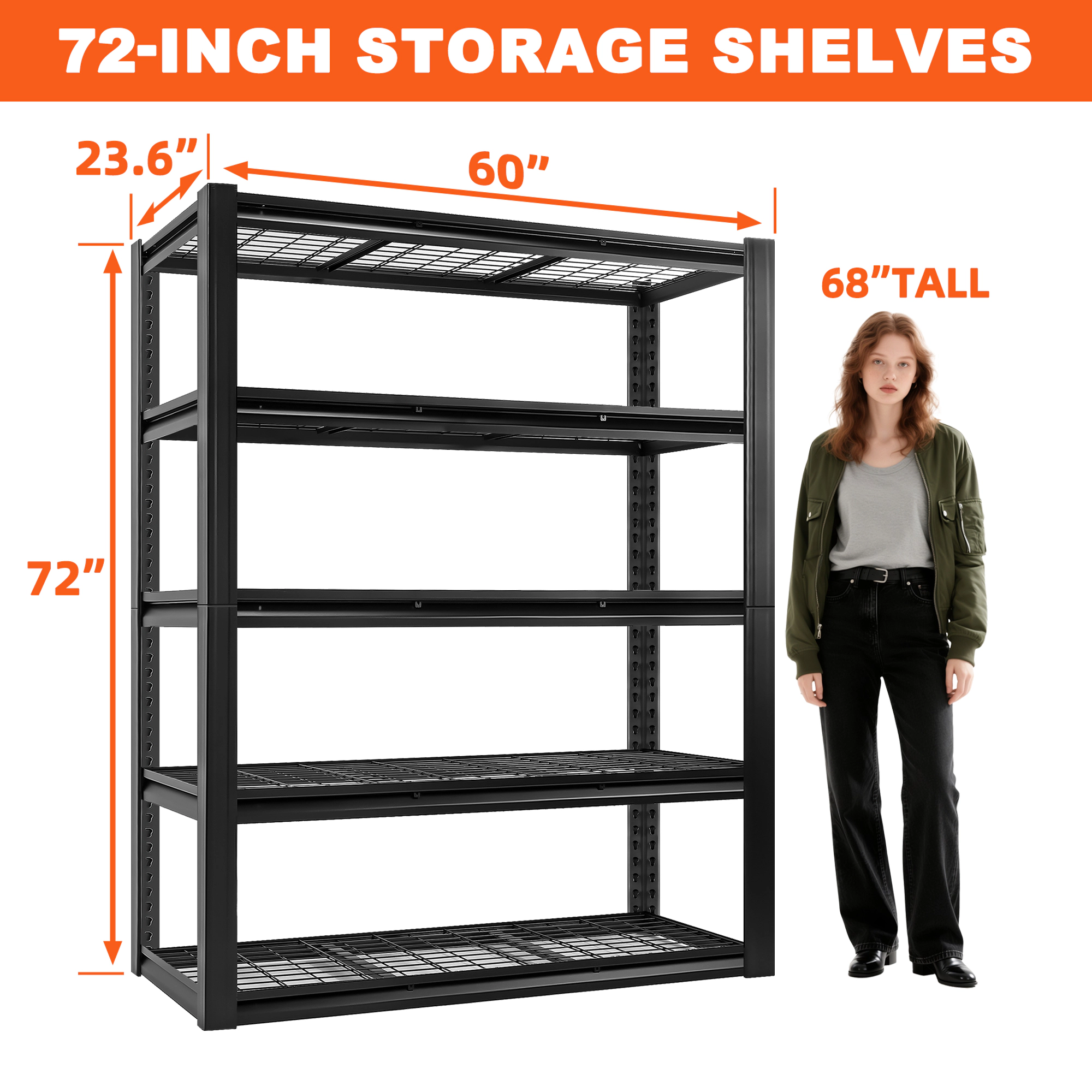 Flynama 5 Tier Heavy Duty Black Metal Utility Shelving Unit Solid Ventilated Shelves 60 in W x 24 in D x 72 in H