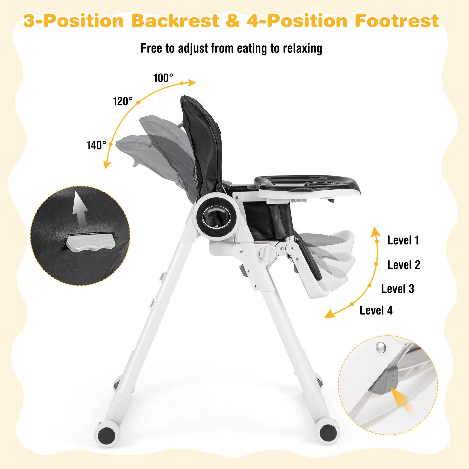 SUGIFT Black 6 Seat Heights 4 Lockable Wheels and Double Tray Foldable Baby High Chair