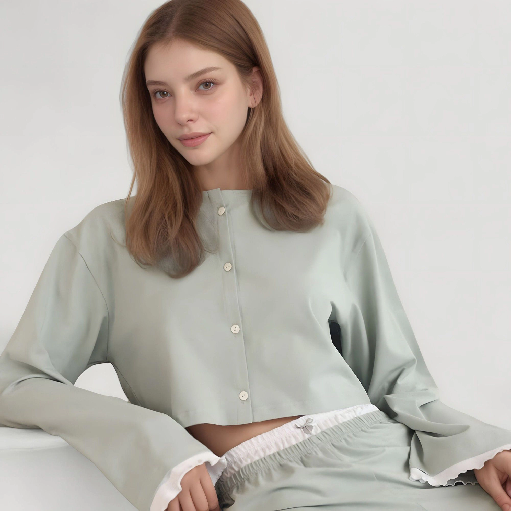 Anna-Kaci Women's Cropped Button Up Long Sleeve Pajama Set with Contrast Trim and Wide Leg Pants