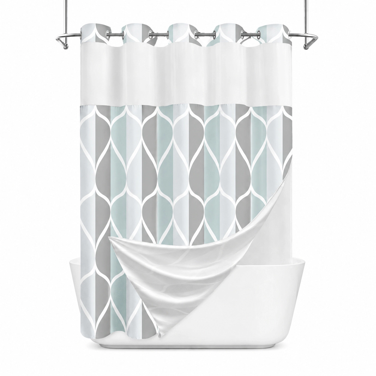 WZK Gray Geometric Snap In Liner Waterproof Machine Washable Hotel Style Shower Curtain Set