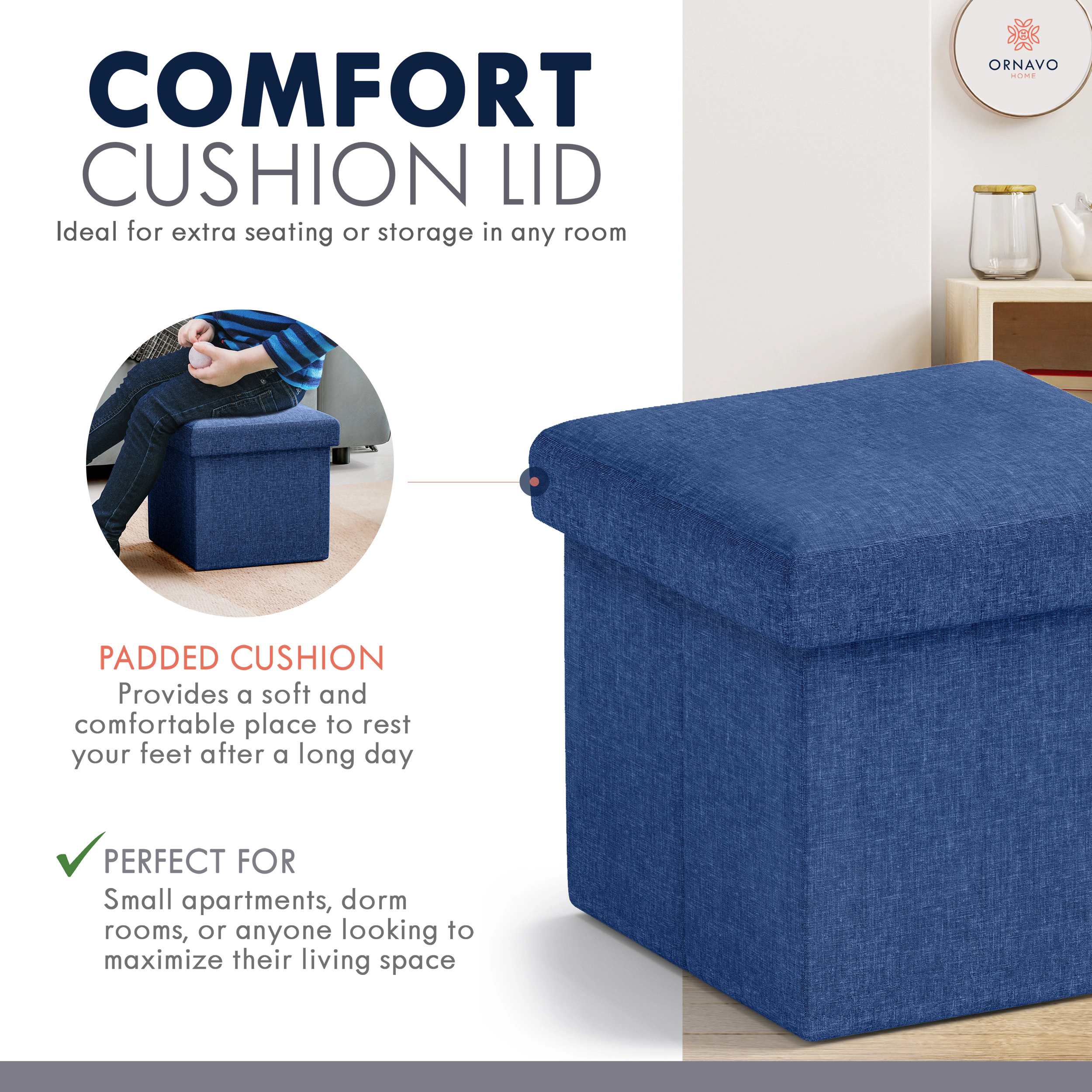 Ornavo Home Collapsible Small 12" Inch Square Storage Ottoman