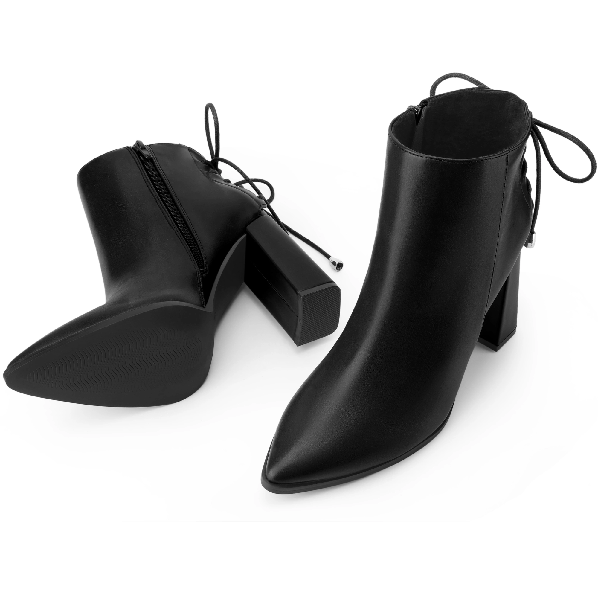 BLISSFUL STEP Women Faux Leather Pointed Toe Back Lace Up Chunky Heel Ankle Boots