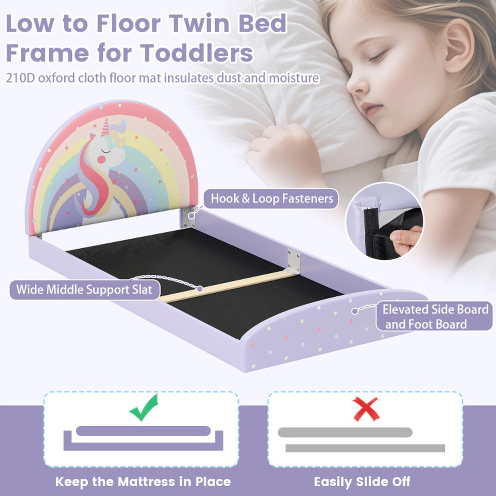 SUGIFT Upholstered Twin Floor Bed Frame with Rainbow Unicorn Headboard 176-lb Capacity Ages 3+ Purple