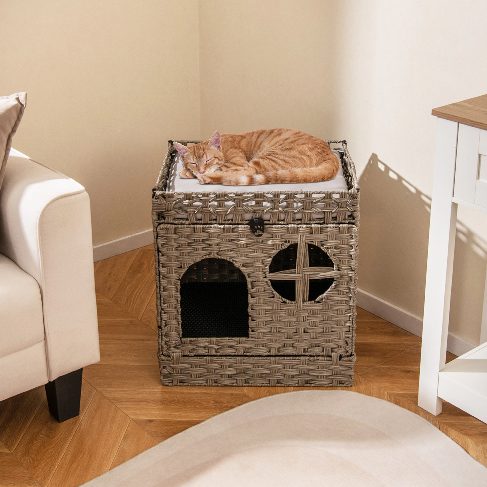 SUGIFT 21 x 22.5-in 22-lb Tier Capacity Gray Foldable 2-Tier PE Rattan Cat Litter Box Enclosure with Litter Mat