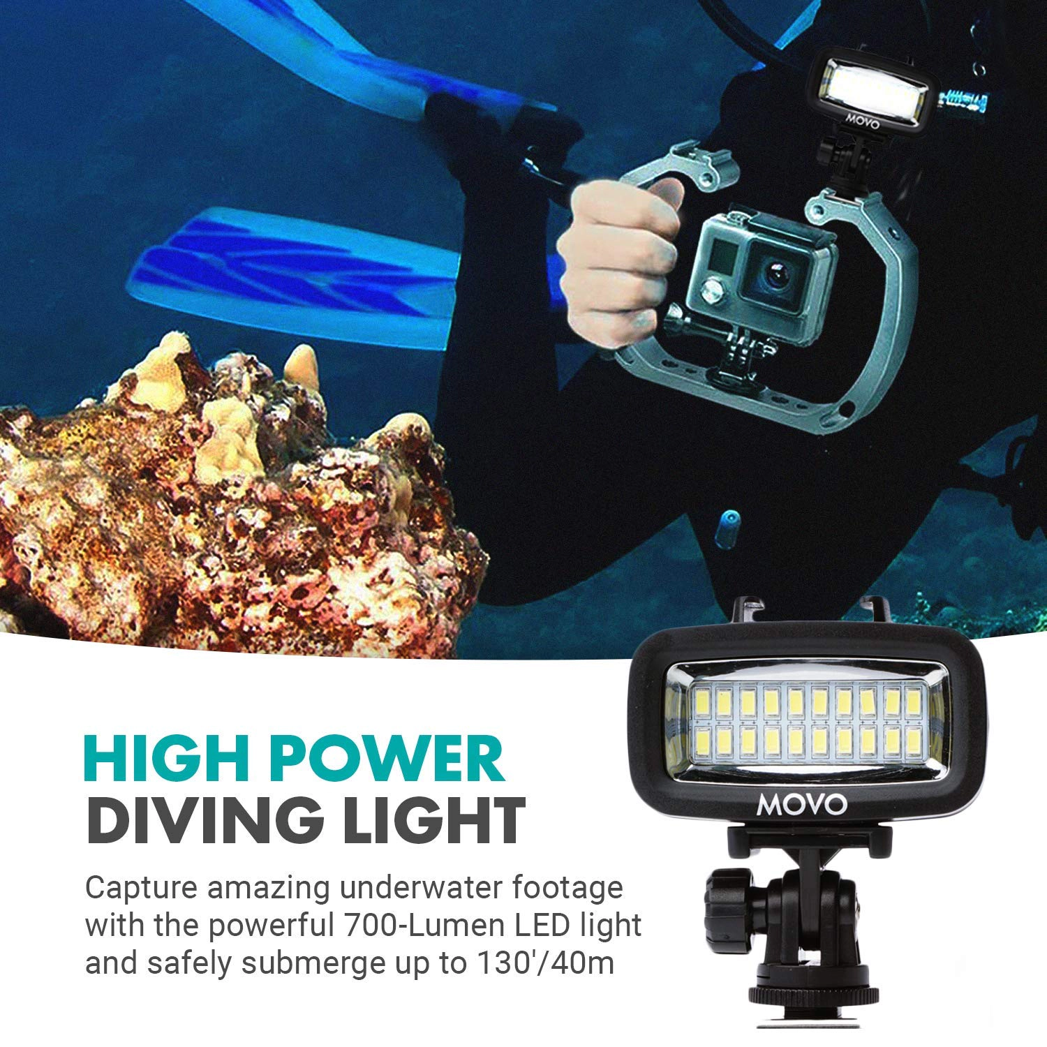 Movo LED-WP Underwater High-Power Rechargeable LED Video Light with Action Camera and Shoe Mounts, Compatible
