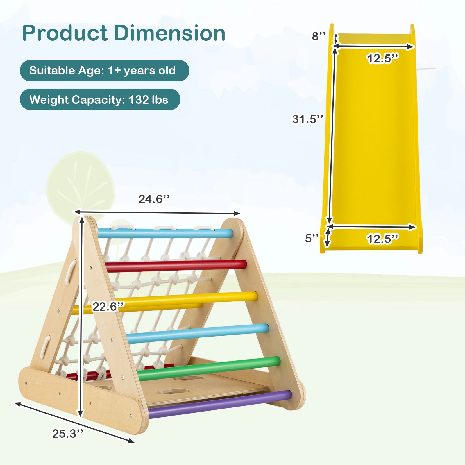 SUGIFT Sliding Board and Climbing Net 4-in-1 Wooden Kids Triangle Climber Toy