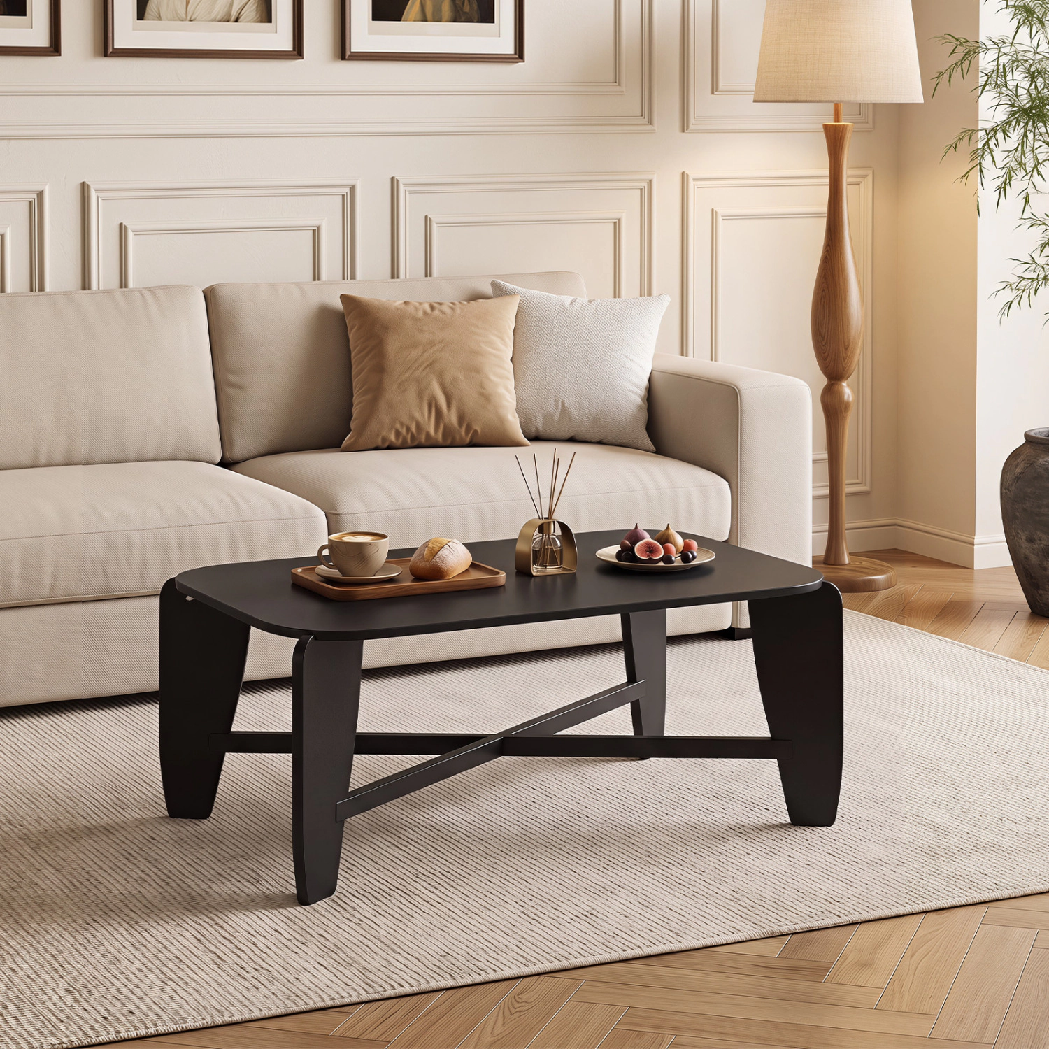 LJG Modern Coffee Table with Rubber Wood Cross-Leg Base Rectangular Center