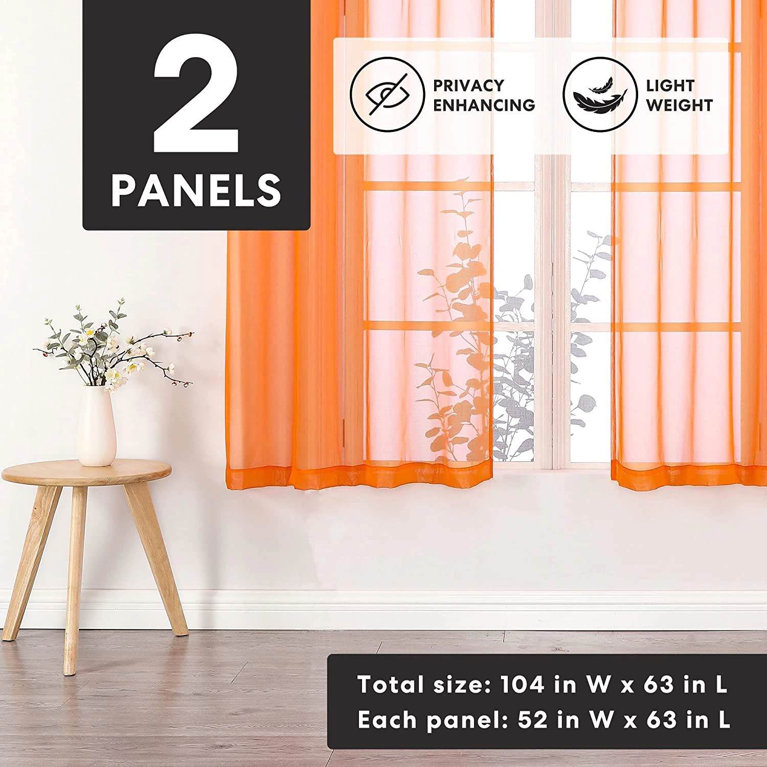 GoodGram® Basics Bright Orange 2 Piece Grommet Top Translucent Sheer Voile Window Curtain Panels - 63 in. Long