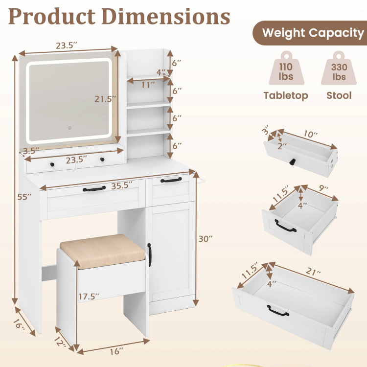 Hivvago Vanity Set with Mirror and 3 Lighting Modes and Adjustable Brightness-White